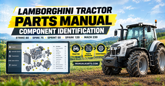 Lamborghini tractor with digital exploded parts diagram showing component identification and popular tractor models.