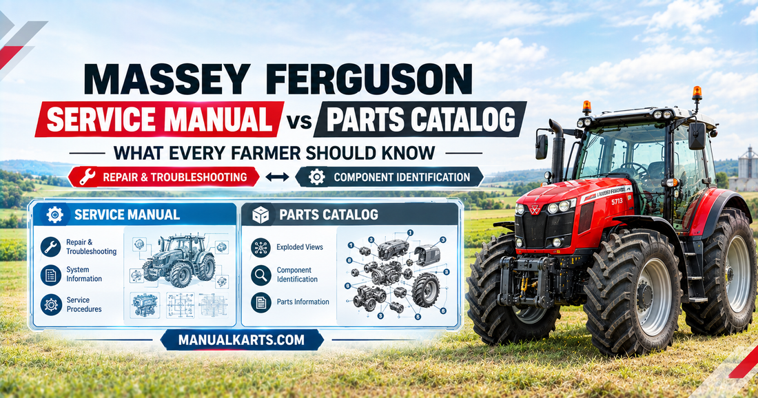 Massey Ferguson tractor with a digital comparison of Service Manual and Parts Catalog for repair and component identification.