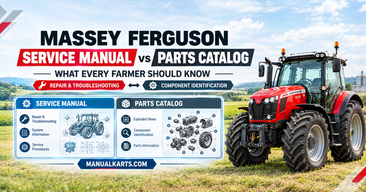 Massey Ferguson tractor with a digital comparison of Service Manual and Parts Catalog for repair and component identification.