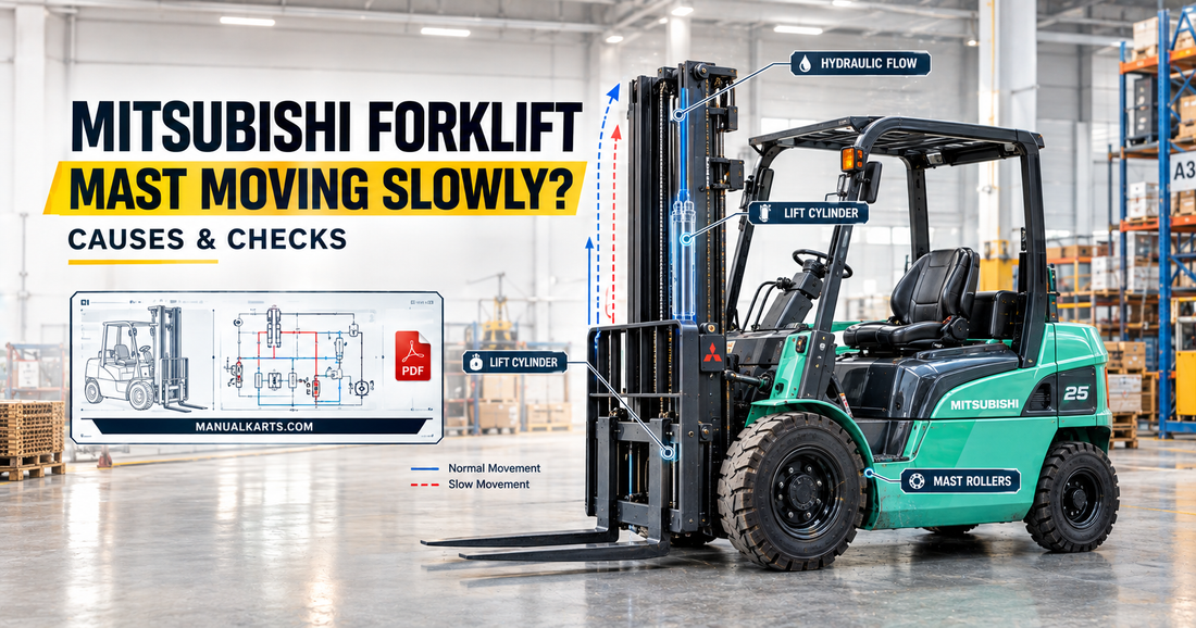 Mitsubishi forklift mast moving slowly with hydraulic flow and lift cylinder diagnostic visualization