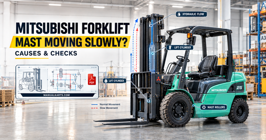 Mitsubishi forklift mast moving slowly with hydraulic flow and lift cylinder diagnostic visualization