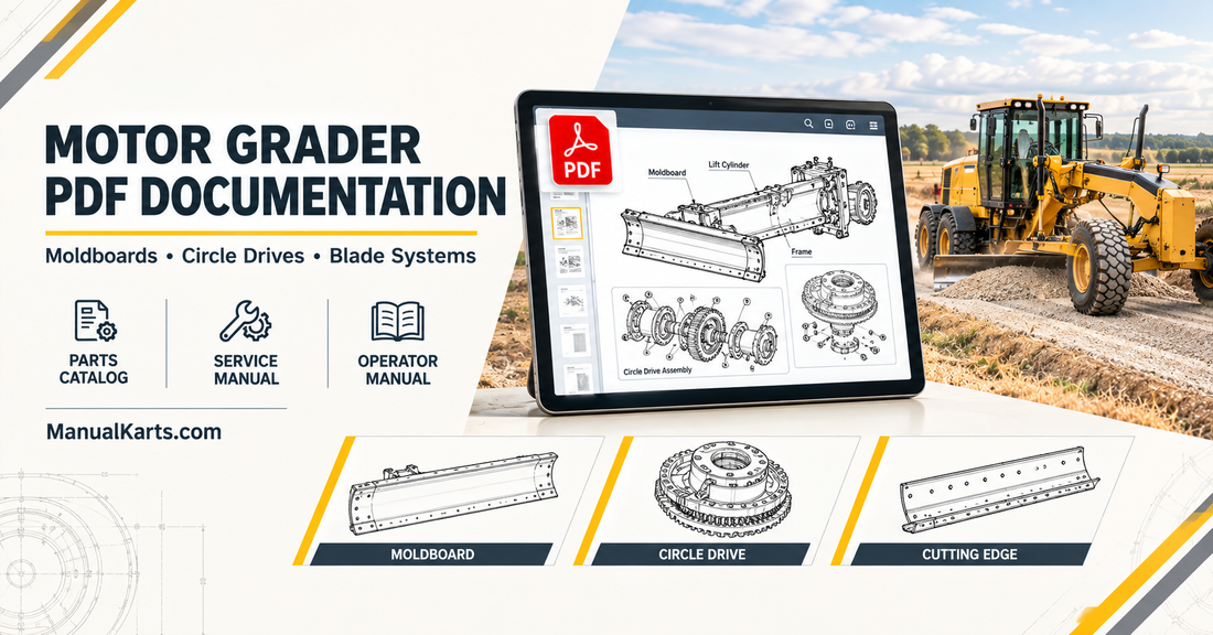Motor grader PDF documentation featuring a digital parts catalog, moldboard illustration, circle-drive diagram, and operator manual references.