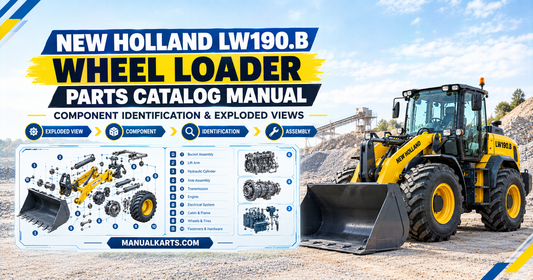 New Holland LW190.B wheel loader with a digital Parts Catalog showing exploded component diagrams and identification information.