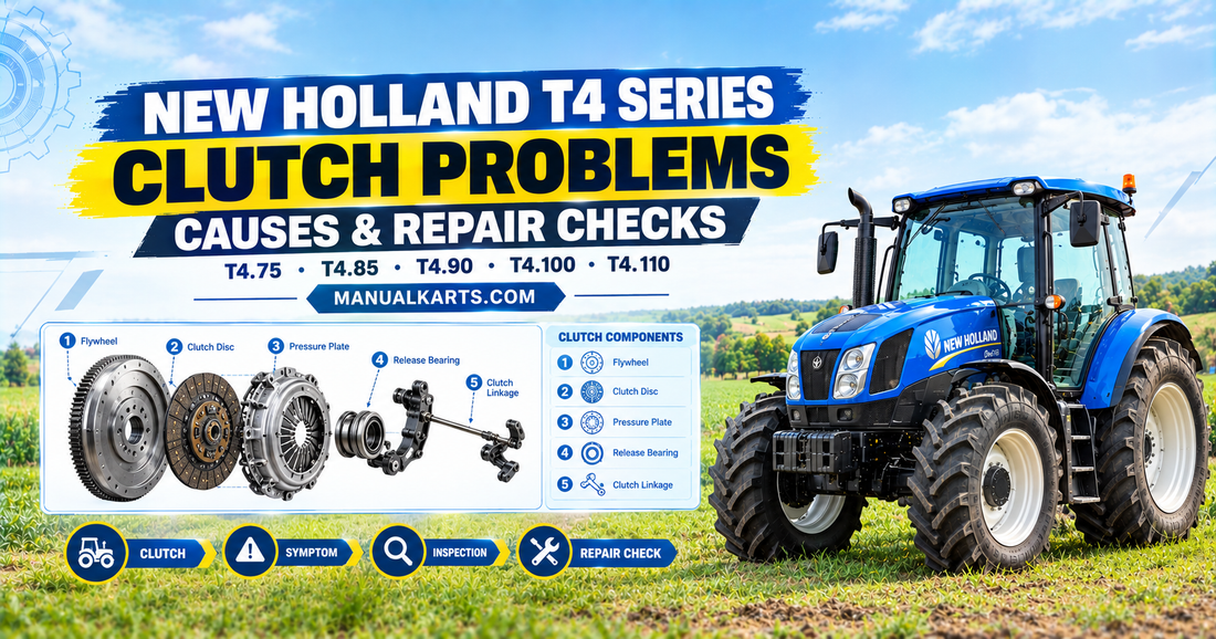 New Holland T4 Series blue tractor with digital clutch components and troubleshooting diagram.