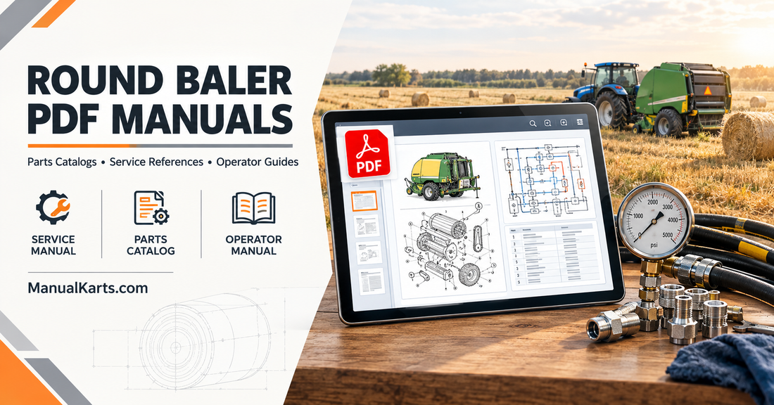 Round baler PDF manuals displayed in a digital interface with service manual, parts catalog, and operator manual references.