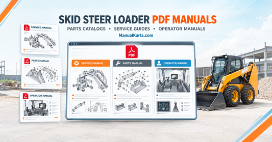 Skid steer loader PDF manuals featuring service guides, lift-arm and hydraulic parts diagrams, and operator manuals for compact construction equipment.