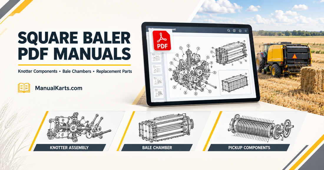 Square baler PDF manual featuring knotter assembly illustrations, bale chamber diagrams, and pickup component references.
