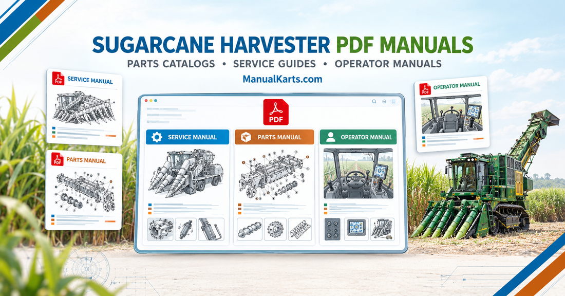 Sugarcane harvester PDF manuals with digital parts catalog, service manual and operator manual references beside a sugarcane harvesting machine.