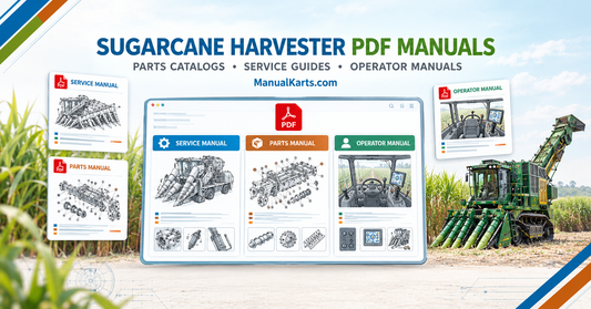 Sugarcane harvester PDF manuals with digital parts catalog, service manual and operator manual references beside a sugarcane harvesting machine.
