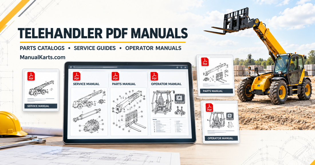 Telehandler PDF manuals featuring service documentation, telescopic boom parts diagrams, and operator guides for material-handling equipment.