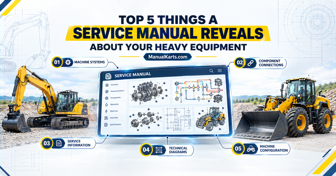 Digital service manual interface showing five key areas of heavy equipment information.