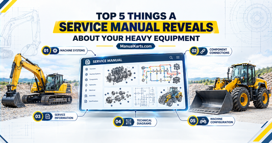 Digital service manual interface showing five key areas of heavy equipment information.