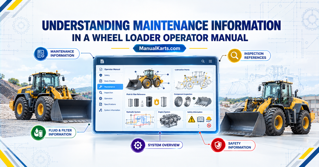 Digital wheel loader operator manual showing maintenance, inspection, fluid, system, and safety information.