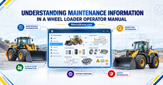 Digital wheel loader operator manual showing maintenance, inspection, fluid, system, and safety information.