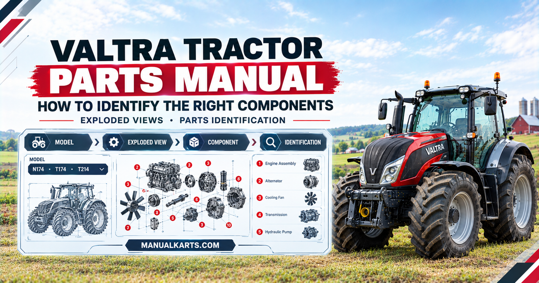 Valtra tractor with a digital Parts Manual showing exploded diagrams and component identification for models such as N174, T174, and T214.