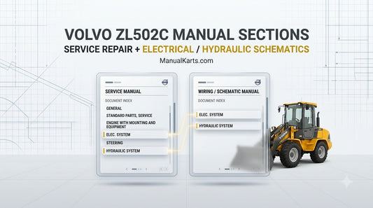 Volvo ZL502C compact wheel loader with digital Service Manual and Wiring/Schematic Manual interfaces showing their listed sections.