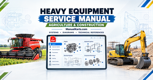 Digital heavy equipment service manual interface with technical diagrams, supported by agricultural tractor and construction excavator visuals.