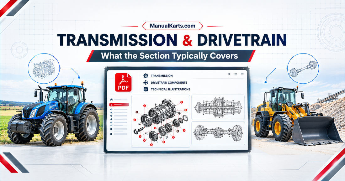 Digital PDF service manual interface with transmission assembly illustrations, drivetrain component diagrams, and supporting agricultural and construction equipment visuals.