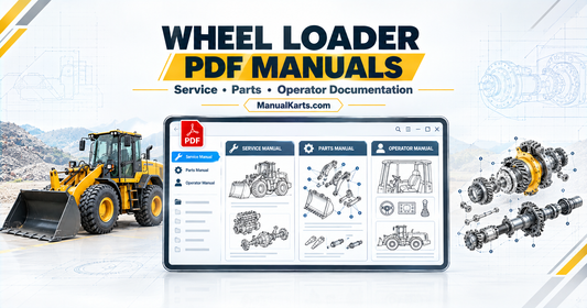 Wheel loader PDF manual interface showing service, parts, and operator documentation with supporting construction equipment illustrations.