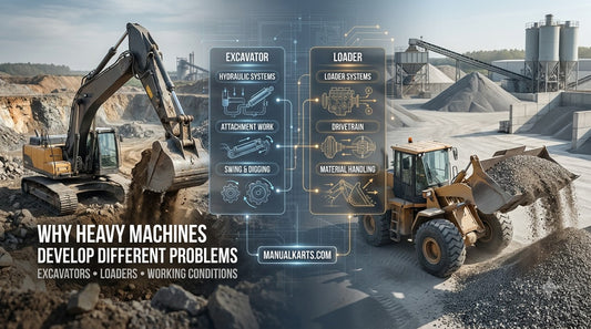Excavator and wheel loader shown with different heavy equipment systems and operating conditions.