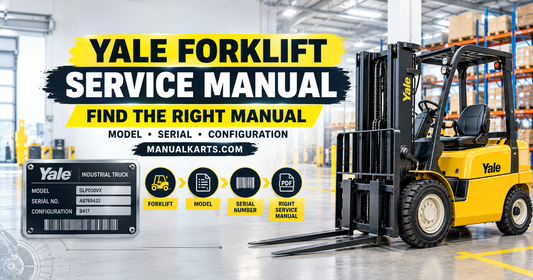 Yale yellow forklift with digital service manual identification interface showing model, serial number, and configuration.