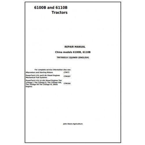 6100B and 6110B 2WD or MFWD John Deere China Tractor (TM700019) Service Repair Manual 