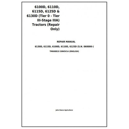 6100D, 6110D, 6115D, 6125D & 6130D John Deere Tractor (TM608819) Service Repair Manual