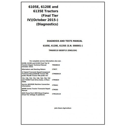 6105E, 6120E, 6135E (Final Tier IV) John Deere Tractor (TM608519) Diagnosis & Tests Service Manual 
