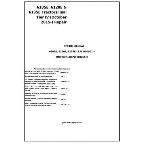 6105E, 6120E, 6135E Final Tier IV John Deere Tractor (TM608619) Service Repair Manual