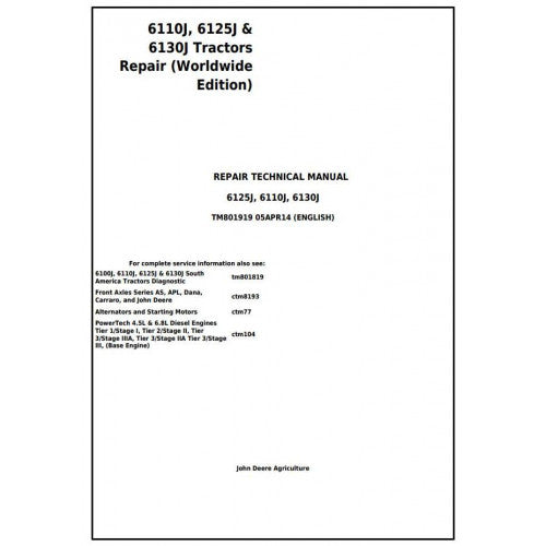 6110J, 6125J, 6130J John Deere Tractor (TM801919) Service Technical Manual 