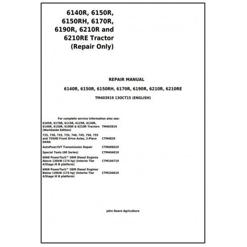 6140R, 6150R, 6150RH, 6170R, 6190R, 6210R, 6210RE John Deere Tractor (TM403919) Service Repair Manual