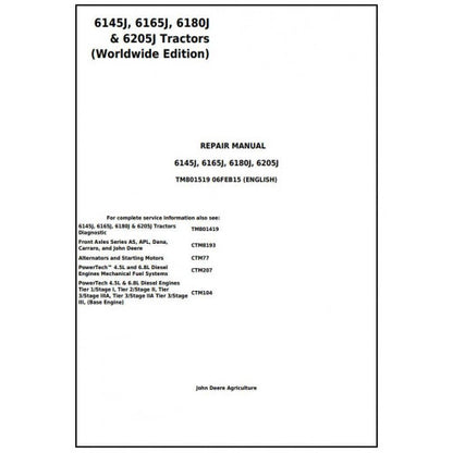6145J, 6165J, 6180J & 6205J John Deere Tractor (TM801519) Service Repair Manual 