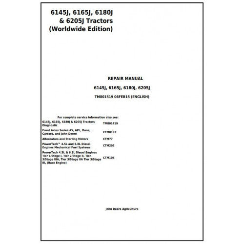 6145J, 6165J, 6180J & 6205J John Deere Tractor (TM801519) Service Repair Manual 