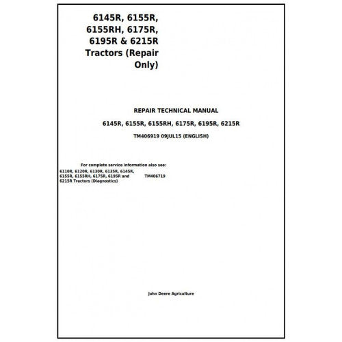 6145R, 6155R, 6155RH, 6175R, 6195R, 6215R John Deere Tractor (TM406919) Repair Technical Manual 