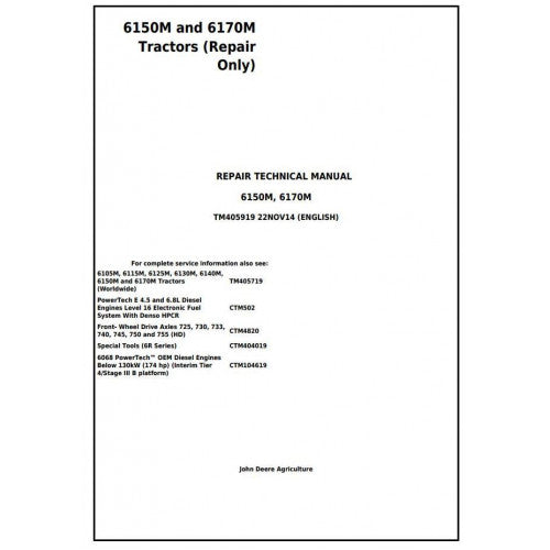 6150M and 6170M 2WD or MFWD John Deere Tractor (TM405919) Service Technical Manual