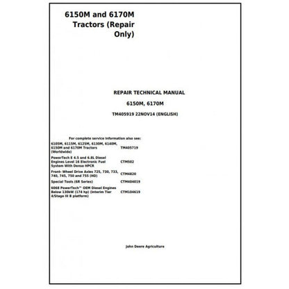 6150M and 6170M 2WD or MFWD John Deere Tractor (TM405919) Service Technical Manual
