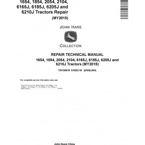 6165J(6J-1654), 6185J(6J-1854), 6205J(6J-2054), 6210J(6J-2104) John Deere Tractor (TM135819) Service Repair Manual