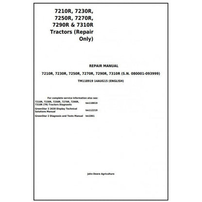 7210R, 7230R, 7250R, 7270R, 7290R & 7310R John Deere Tractor (TM118919) Service Repair Manual