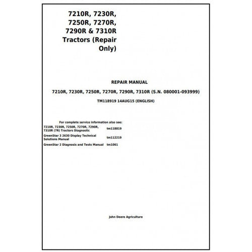 7210R, 7230R, 7250R, 7270R, 7290R & 7310R John Deere Tractor (TM118919) Service Repair Manual