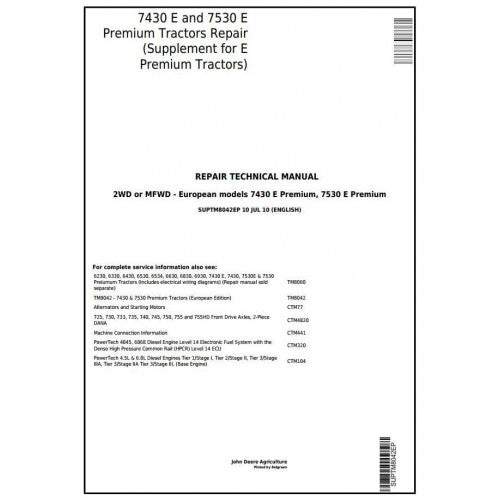 7430E, 7530E John Deere Tractor Premium Supplement for (SUPTM8042EP) Repair Technical Manual 