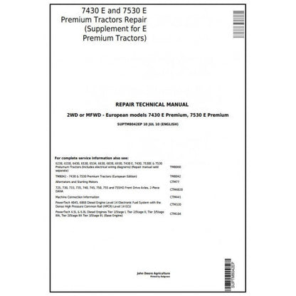 7430E, 7530E John Deere Tractor Premium Supplement for (SUPTM8042EP) Repair Technical Manual 