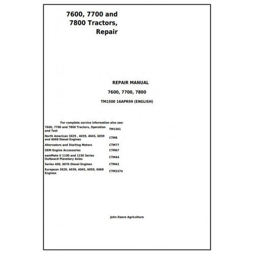 7600, 7700 and 7800, 2WD or MFWD John Deere Tractor (TM1500) Service Technical Manual