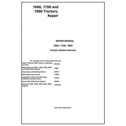 7600, 7700 and 7800, 2WD or MFWD John Deere Tractor (TM1500) Service Technical Manual