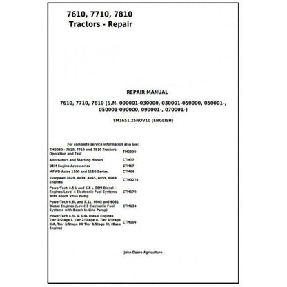 7610, 7710, 7810 2WD or MFWD John Deere Tractor (TM1651) Service Technical Manual
