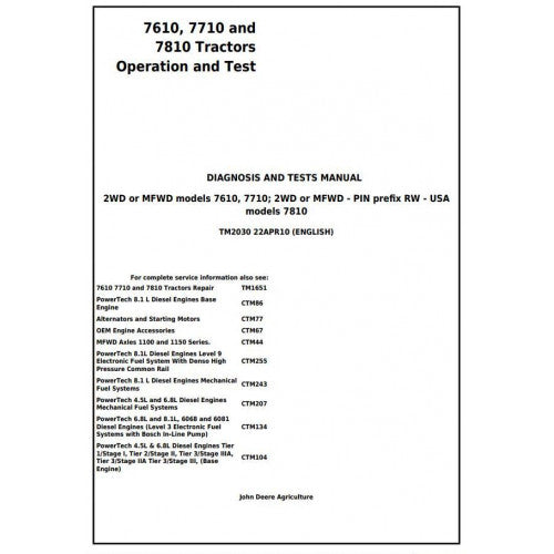 7610, 7710 and 7810 John Deere USA Tractor (TM2030) Diagnosis and Tests Service Manual