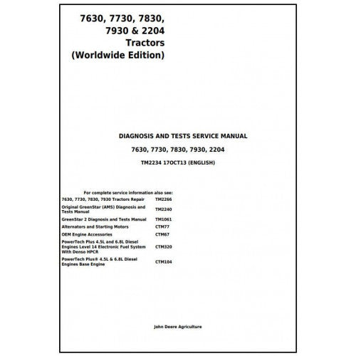 7630, 7730, 7830, 7930, 2204 John Deere Tractor (TM2234) Diagnosis & Tests Service Manual 