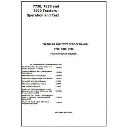 7720, 7820 and 7920 John Deere Tractor (TM2025) Diagnostic and Tests Service Manual 
