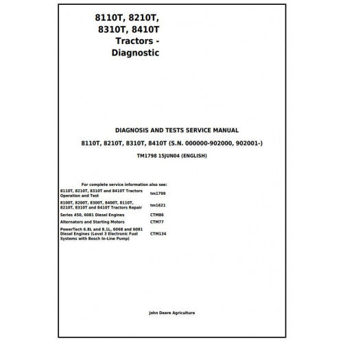 8110T, 8210T, 8310T, 8410T John Deere Tracks Tractor (TM1798) Diagnostic and Test Service Manual