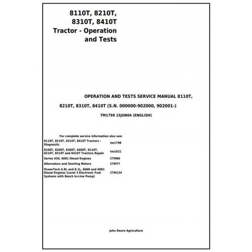 Download John Deere 8110T, 8210T, 8310T, 8410T Tracks Tractor (TM1799) Diagnosis and Tests Service Manual