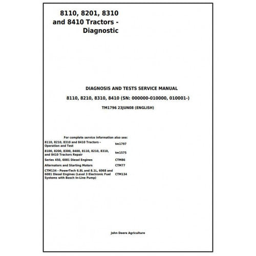 8110, 8210, 8310 and 8410 John Deere Tractor (TM1796) Diagnostic and Test Service Manual